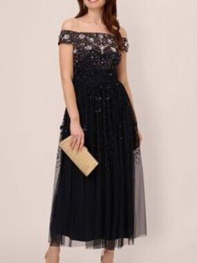 Adrianna Papell Off Shoulder Beaded Rosette Dress - Size 16 - HS0327